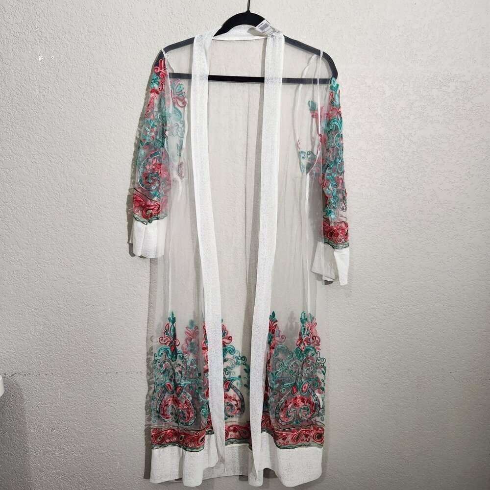 Embroidered Sheer Kimono Cardigan Womens One Size White Red Boho